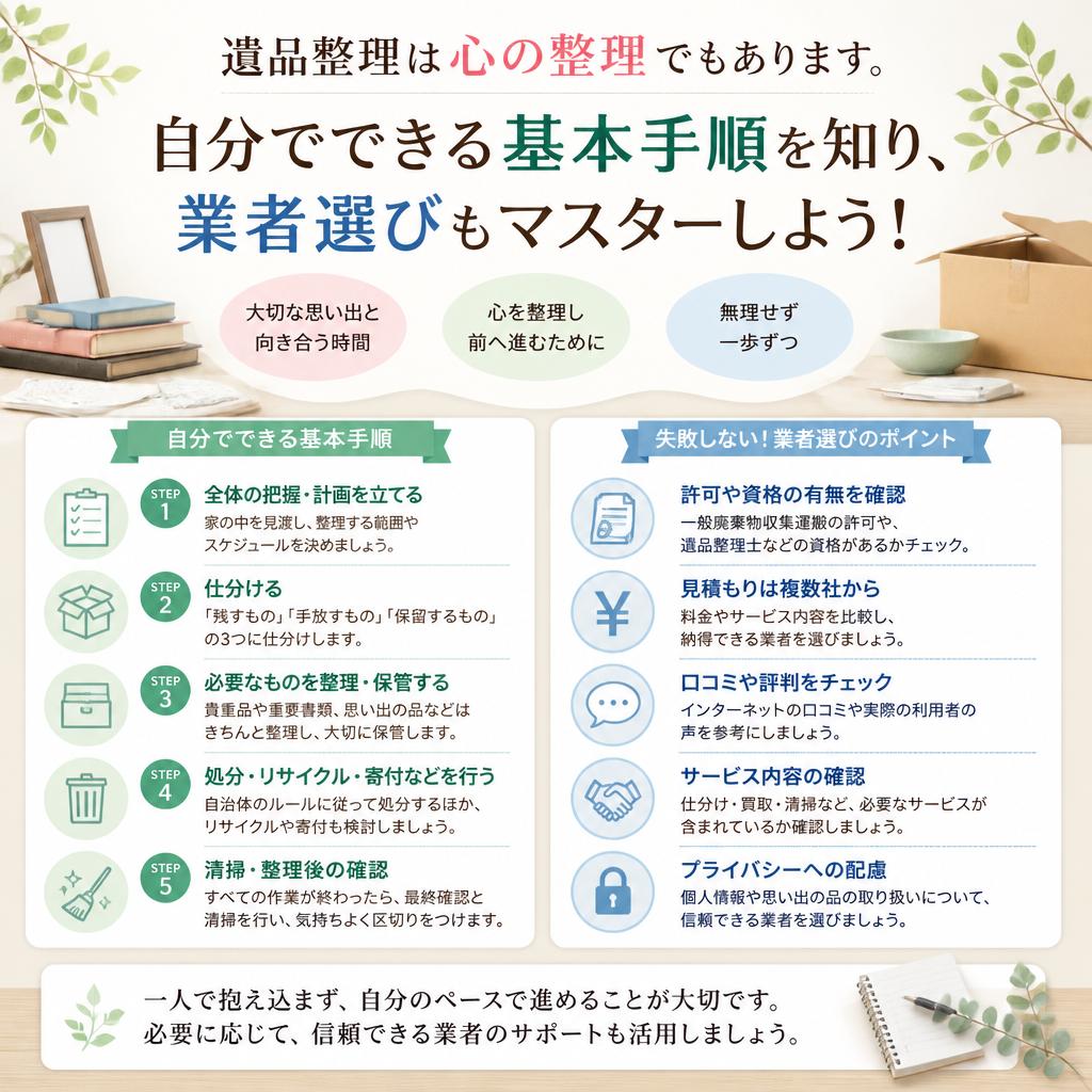 遺品整理は心の整理でもあります。自分でできる基本手順を知り、業者選びもマスターしよう！