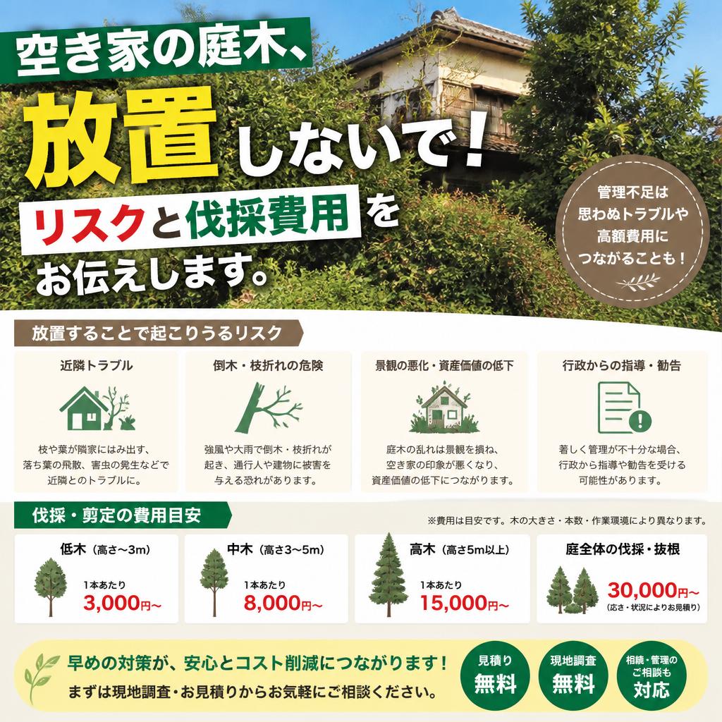 空き家の庭木、放置しないで！リスクと伐採費用をお伝えします。
