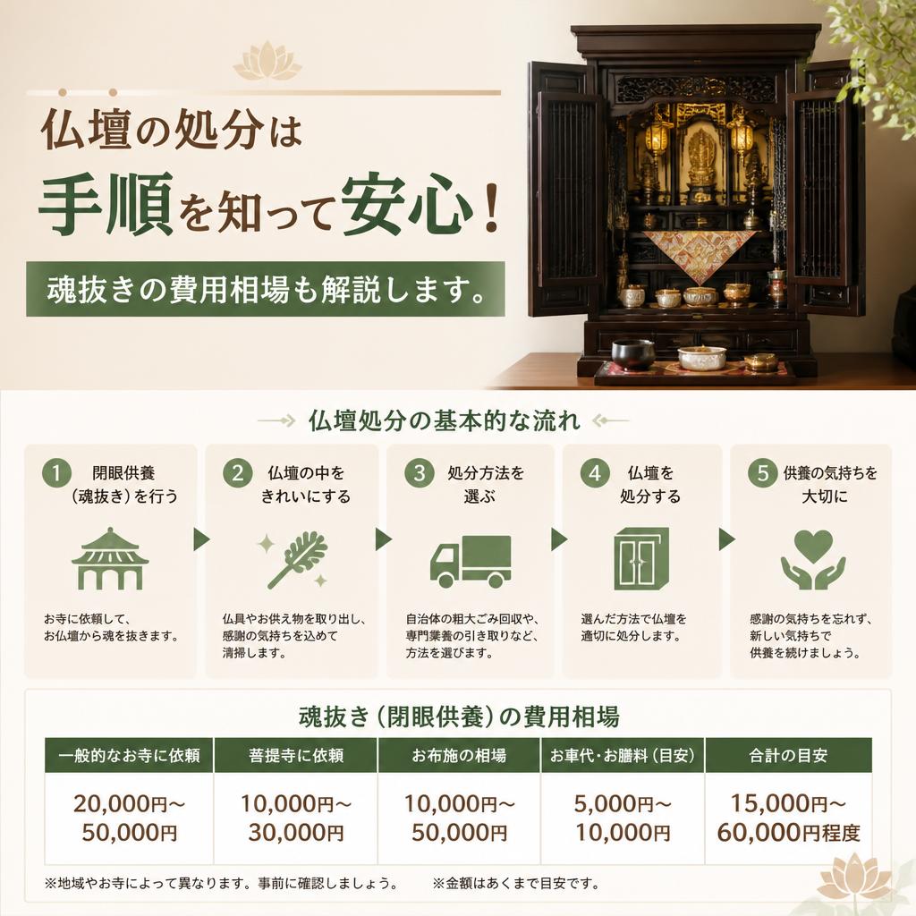 仏壇の処分は手順を知って安心！魂抜きの費用相場も解説します。